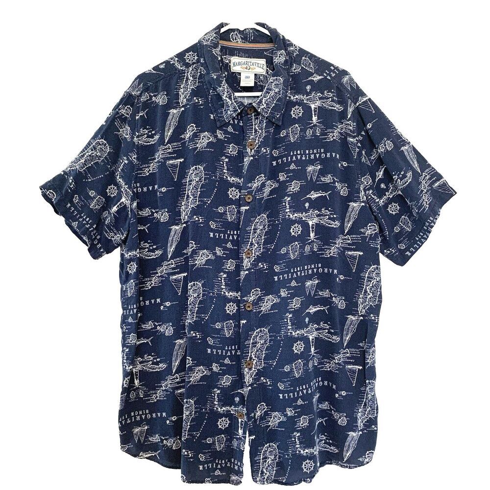 Margaritaville Mens Shirt XL Button Front Logo Print Beachy Resort Vacation